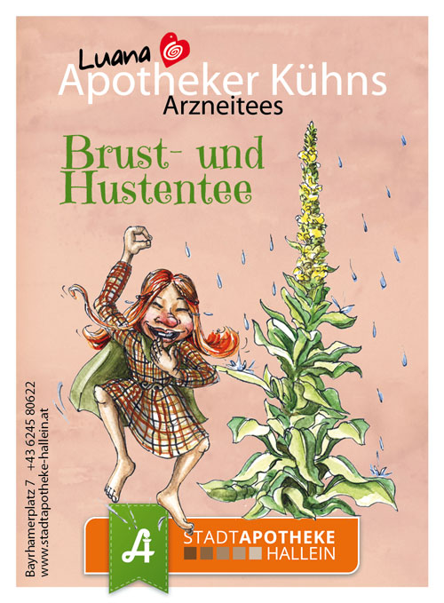 <strong>Brust- und Hustentee:</strong> Hustenreizstillend und schleimlösend. Heilpflanzen: Königskerze, Spitzwegerich, Holunder, Thymian, Anis, Hagebutte.