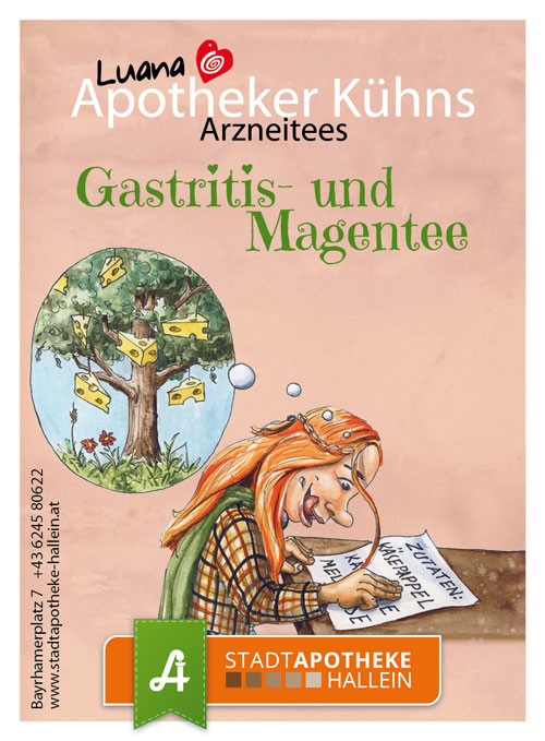 <strong>Gastritis- und Magentee:</strong><br> Arzneitee bei Magenübersäuerung und Gastritis. Beruhigend, entzündungshemmend, krampflösend.<br> Heilpflanzen: Süßholz, Melisse, Käsepappel, Leinsamen, Kamille, Ringelblume, Pfefferminze.