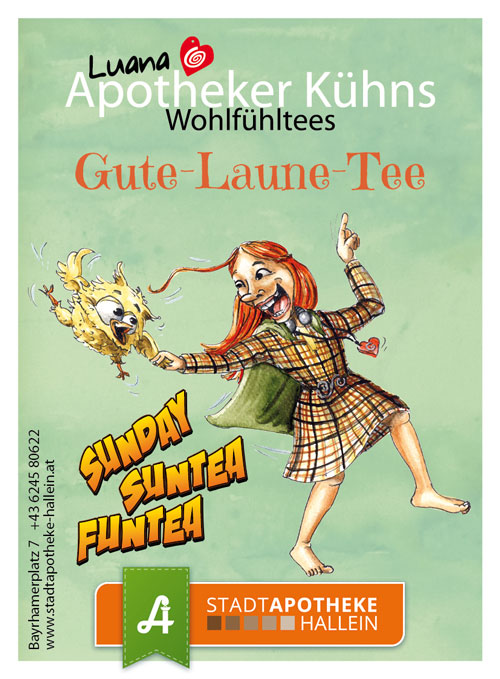 <strong>Gute-Laune-Tee:</strong><br>Jetzt wird‘s aber lustig! Die köstliche Kräutermischung mit feinstem Premium-Grüntee hebt die Stimmung und die Laune.