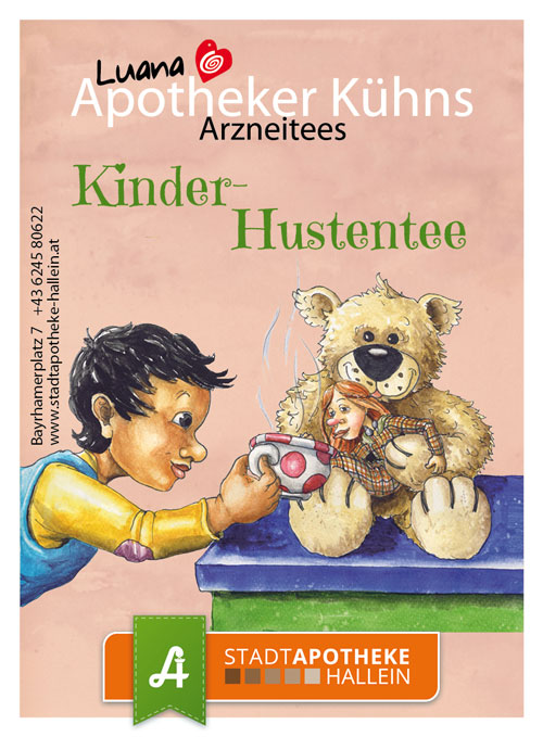 <strong>Kinder-Hustentee:</strong><br>Arzneitee bei Husten und Bronchialkatharr. Hustenreizstillend und schleimlösend.<br>Heilpflanzen: Königskerze, Spitzwegerich, Thymian, Hagebutte, Kandiszucker.