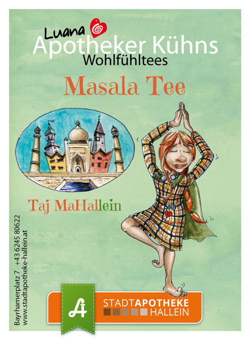 <strong>Masala Tee: </strong><br>Köstliche indische Teemischung. Zutaten: Schwarztee, Ingwer, Kardamom, Zimt, Süßholzwurzel, Galgant.