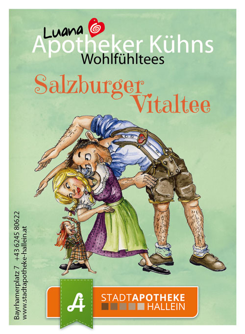 <strong>Salzburger Vitaltee:</strong><br>Eine Gaumenfreude für jede Gelegenheit. <br>Zutaten: Rotbuschtee, Ringelblume, Birkenblatt, Lemongrass, Mate, Brennnesselblatt, Hagebutte, Löwenzahn.