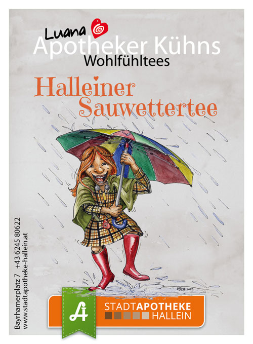 <strong>Halleiner Sauwettertee</strong><br>Zutaten: Hibiskus, Hagebutte, Zimt, Orangenschale süß, Nelken, Ingwer, Lindenblüten, getrocknete Apfelstücke, Johanniskraut.