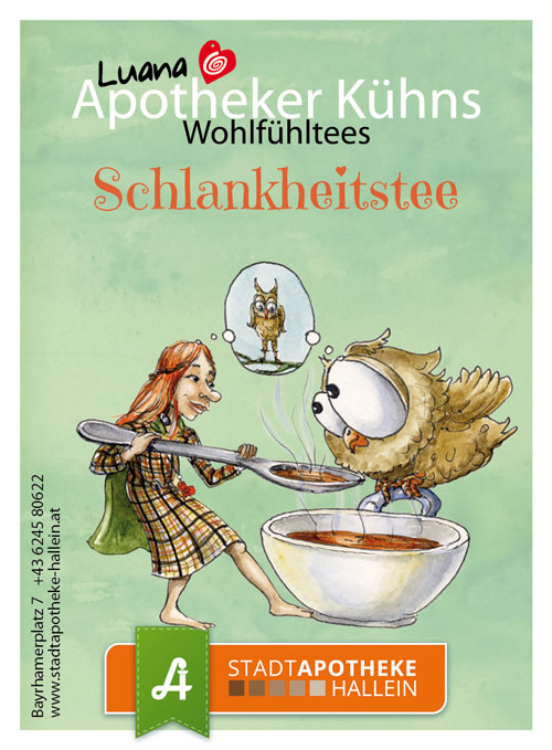 <strong>Schlankheitstee: </strong><br>Abnehmen und Tee trinken. Ausgewählte Kräutermischung, die Fettverbrennung und Stoffwechsel anregt. <br> Zutaten: Brunnenkresse, Birkenblatt, Hagebutte, Zinnkraut, Stiefmütterchen, Brennnessel, Mate, Heidekraut, Rosmarin, Pfefferminz, Melisse, Brombeer, Selleriewurzel, Kakaorinde.